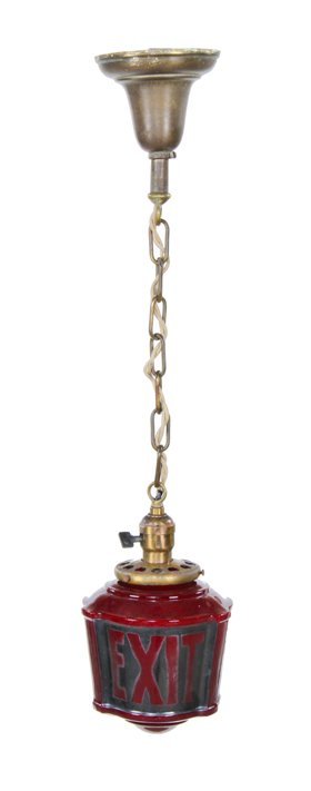 rare c. 1930's american art deco interior theater three-sided ruby red glass exit pendant light with brass chain and canopy