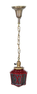 rare c. 1930's american art deco interior theater three-sided ruby red glass exit pendant light with brass chain and canopy