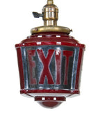 rare c. 1930's american art deco interior theater three-sided ruby red glass exit pendant light with brass chain and canopy