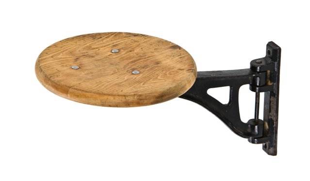 hard to find and completely intact vintage american industrial factory lunch hall swing-out stool with cast iron bracket