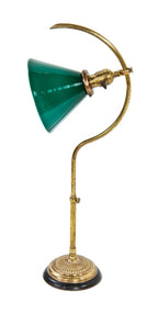 early 20th century american adjustable bent tubular brass c-arm faries desk or table lamp with emeralite shade