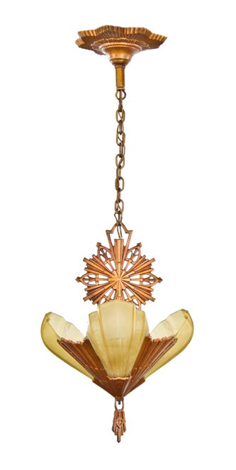 c. 1934-36 american art deco three electric light "rayburn pattern" slip shade fixture with original old gold enameled finish