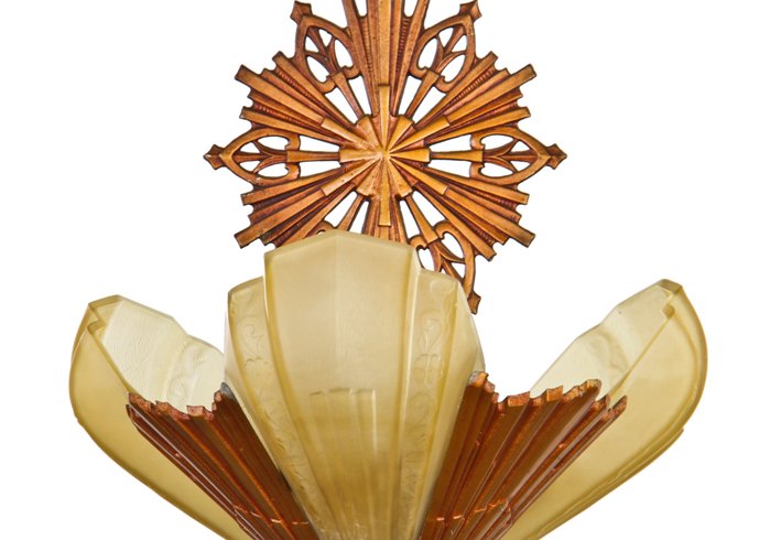 c. 1934-36 american art deco three electric light "rayburn pattern" slip shade fixture with original old gold enameled finish