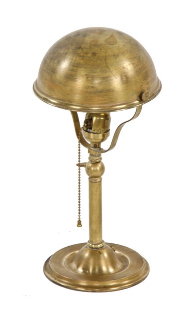 hard to find c. 1930's american industrial yellow brass portable office desk tilting reading or task lamp with rolled rim parabolic shade and weighted base