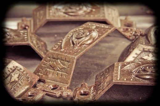 matching set of c. 1870's antique american victorian era decorative fact iron "all-seeing eye" cabinet drawer pulls