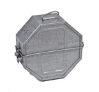 original and intact vintage american industrial metallic silver enameled galvanized steel moving picture film reel case
