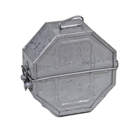 original and intact vintage american industrial metallic silver enameled galvanized steel moving picture film reel case
