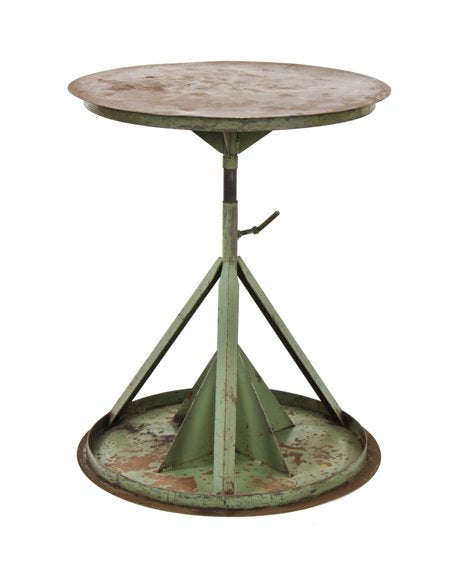 very unique c. 1940's vintage american industrial custom-built pedestal base welded joint steel table with revolving top