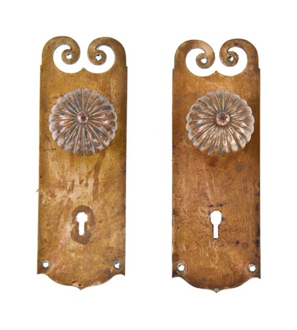 matching set of late 19th century american ornamental cast bronze metal passage door backplates and radially fluted doorknobs