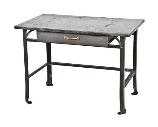 refinished c. 1920's american industrial heavy gauge riveted joint angled steel four-legged desk with single pull-out drawer