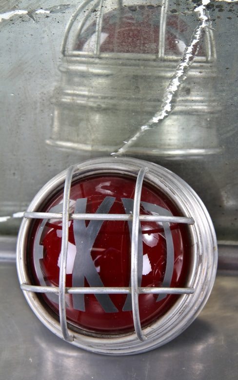 c. 1930's american art deco style machine age single light ruby red wall mount exit light with metal lens guard
