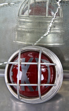 c. 1930's american art deco style machine age single light ruby red wall mount exit light with metal lens guard