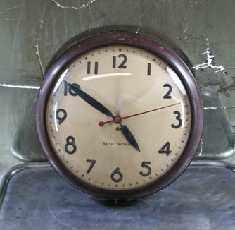 c. 1940's vintage american industrial wall mount factory office electric wall clock with brown enameled bezel