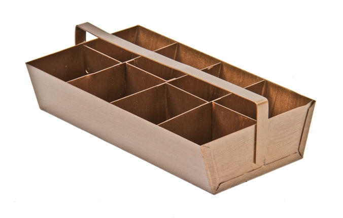 all welded heavy duty vintage industrial metallic bronze enameled cold-rolled steel compartmentalized carrying tote
