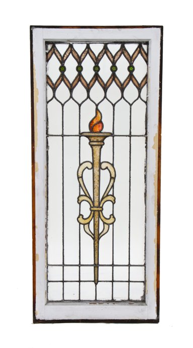 original and intact c. 1900-15 interior residential leaded art glass window featuring a foilated urn or torch with flame finial