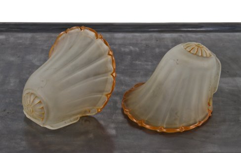 matching set of original c. 1930's american art deco nauticalesque frosted glass light fixture slip shades with baked orange accent