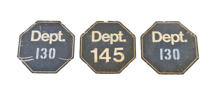 set of three c. 1940's vintage industrial double-sided baked enameled octagonal-shaped factory department signs