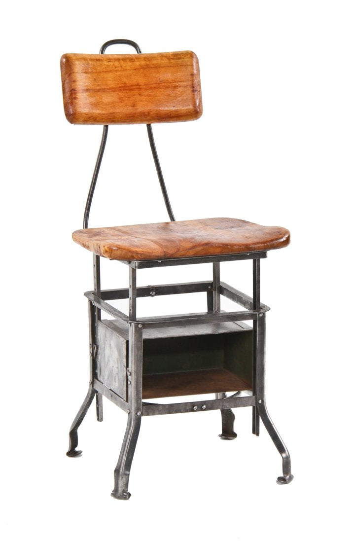 rare c. 1920's vintage industrial fully adjustable robust pressed and formed riveted joint steel "sit-rite" bookshelf chair