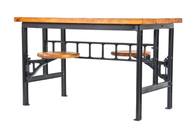 highly desirable c. 1915-20 vintage american industrial factory lunch hall stationary table with swing-out bracket seats