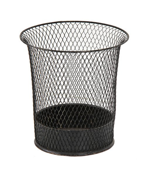 original early 20th century black enameled factory office "nemco" expandable metal mesh trash can with flared top