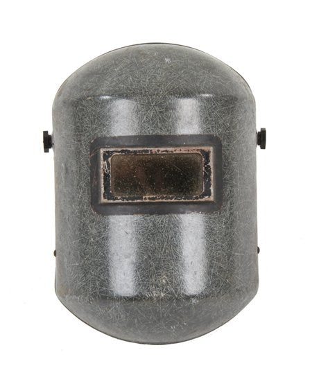 intact c. 1950's vintage american industrial reinforced molded fiberglass welding helmet with intact eye shield