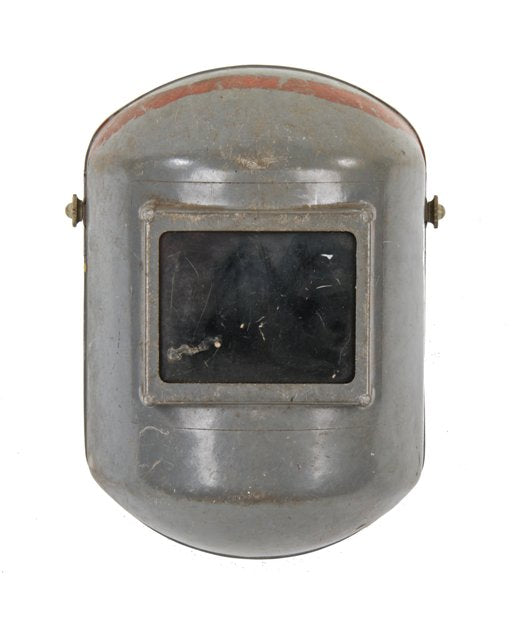 vintage american industrial molded gray fiberglass factory welder mask or helmet with oversized tinted eye shield