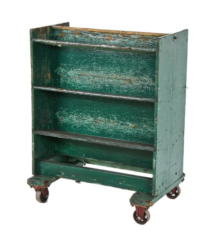 very unique double-sided american industrial factory machine manual transport cart with red painted cast iron casters
