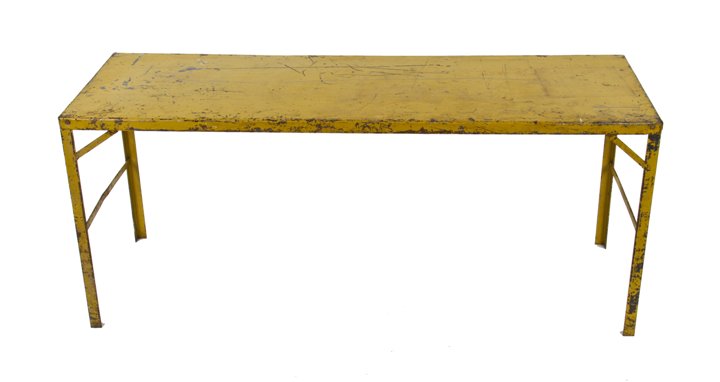 reinforced c. 1930's vintage american industrial oblong welded joint heavy gauge steel table with old mustard paint finish