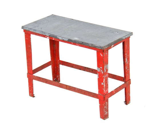 unusual vintage american industrial reddish orange painted galvanized steel stand with detachable folded edge top