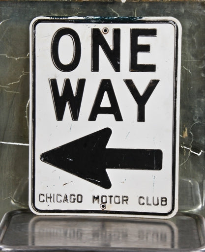 mid-20th century single-sided deeply embossed city of chicago "one way" traffic sign with directional arrow