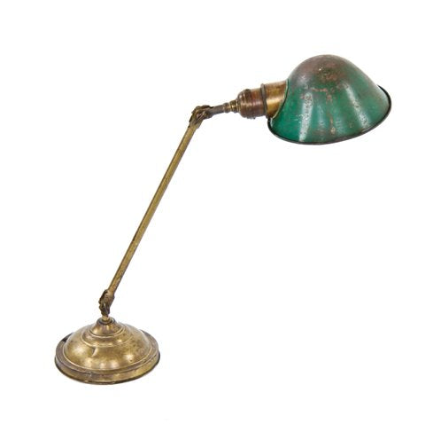 all original early electric vintage industrial double-jointed tubular yellow brass faries table or desk lamp with original reflector