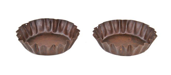 matching set of depression era vintage american industrial heavy gauge steel "bottle cap" animal feed or water troughs