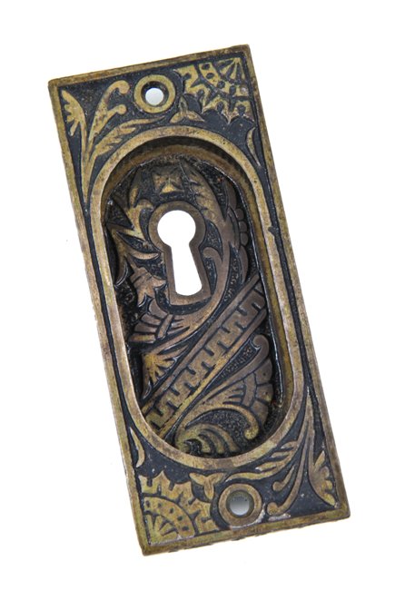 19th century antique american eastlake style "oriental" pattern brass-plated cast iron residential pocket door plate
