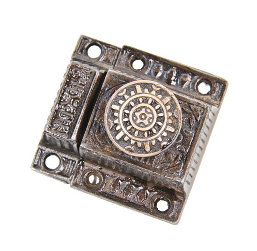 1880's antique american ornamental cast iron "windsor" pattern residential cabinet latch with spring-loaded cast brass knob
