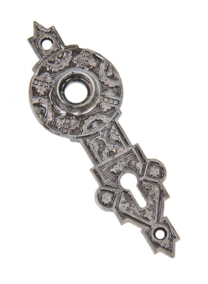 c. 1870's original refinished ornamental cast iron single keyhole passage door backplate with black enameled inlay