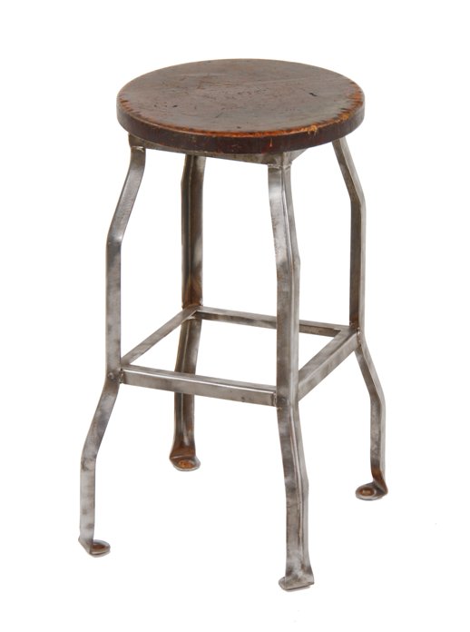 unusual c. 1920's refinished four-legged "otsteel" stationary factory stool with nicely worn circular pine wood seat
