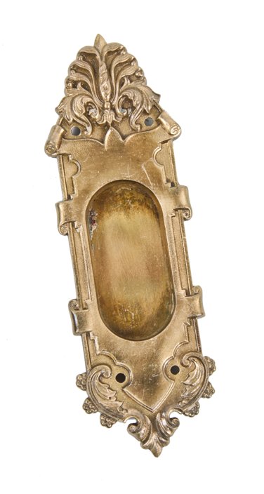 early 20th century ornamental cast bronze interior residential single pocket door escutcheon with recessed "cup" handle