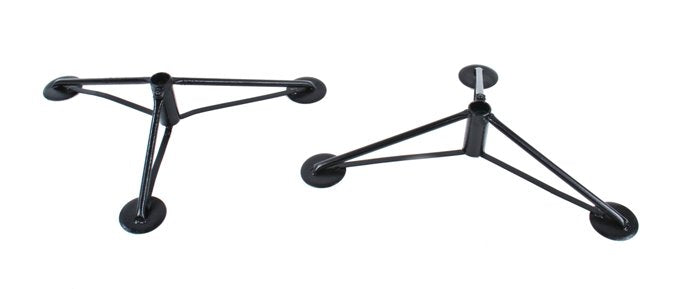 matching set of commercial grade "atomic era" welded joint steel motel patio umbrella tripod stands with flat disc feet