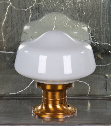 american depression era industrial factory office ceiling flush mount single light fixture with "schoolhouse" pressed glass shade