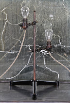 repurposed vintage industrial scientific laboratory retort stand table or desk lamp with double-clamp incandescent bare bulb sockets
