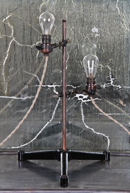 repurposed vintage industrial scientific laboratory retort stand table or desk lamp with double-clamp incandescent bare bulb sockets