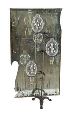repurposed vintage industrial ornamental cast iron display stand base with three adjustable fisher ring clamps