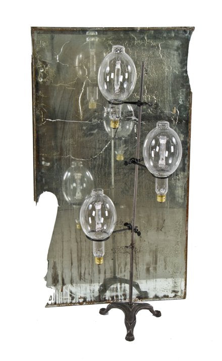 repurposed vintage industrial ornamental cast iron display stand base with three adjustable fisher ring clamps