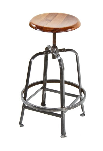 exceptionally well-designed c. 1920's reinforced angled steel adjustable height drafting stool with oversized heel ring