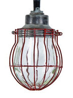 vintage industrial single electric ceiling mount boiler room "explosion proof" pendant light with red paint steel wire bulbguard
