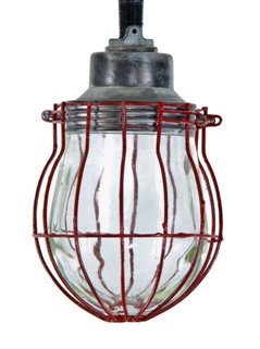 vintage industrial single electric ceiling mount boiler room "explosion proof" pendant light with red paint steel wire bulbguard