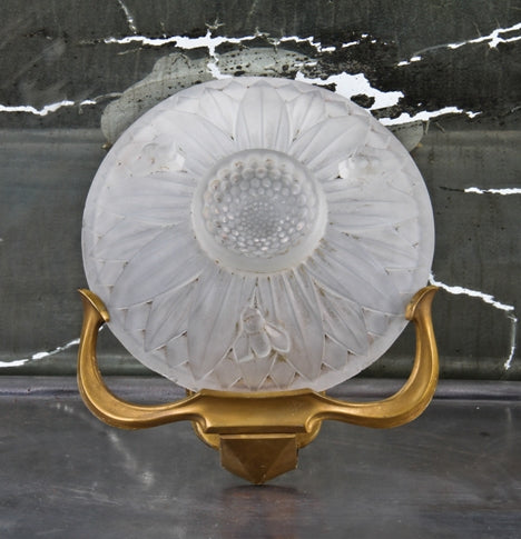 rare and highly unusual c. 1920's wall-mount single electric light sconce with deeply embossed frosted glass slip shade