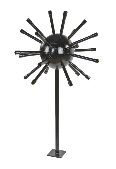 unusual vintage american atomic age exterior illuminated black enameled "sputnik" ball motel sign with welded joint stand