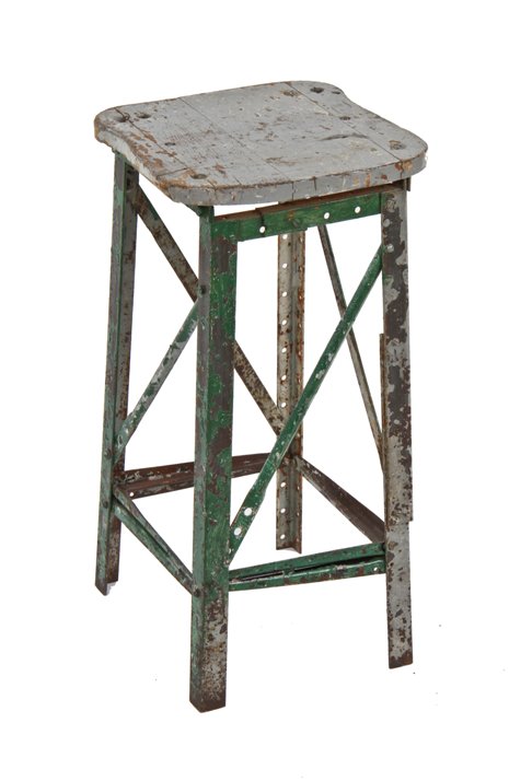 worn and weathered c. 1930's vintage american industrial adjustable height factory stool with modified saddle seat