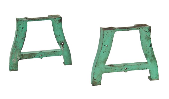 matching set of c. 1920's vintage american industrial cast iron tube-forming machine bases with old green paint finish